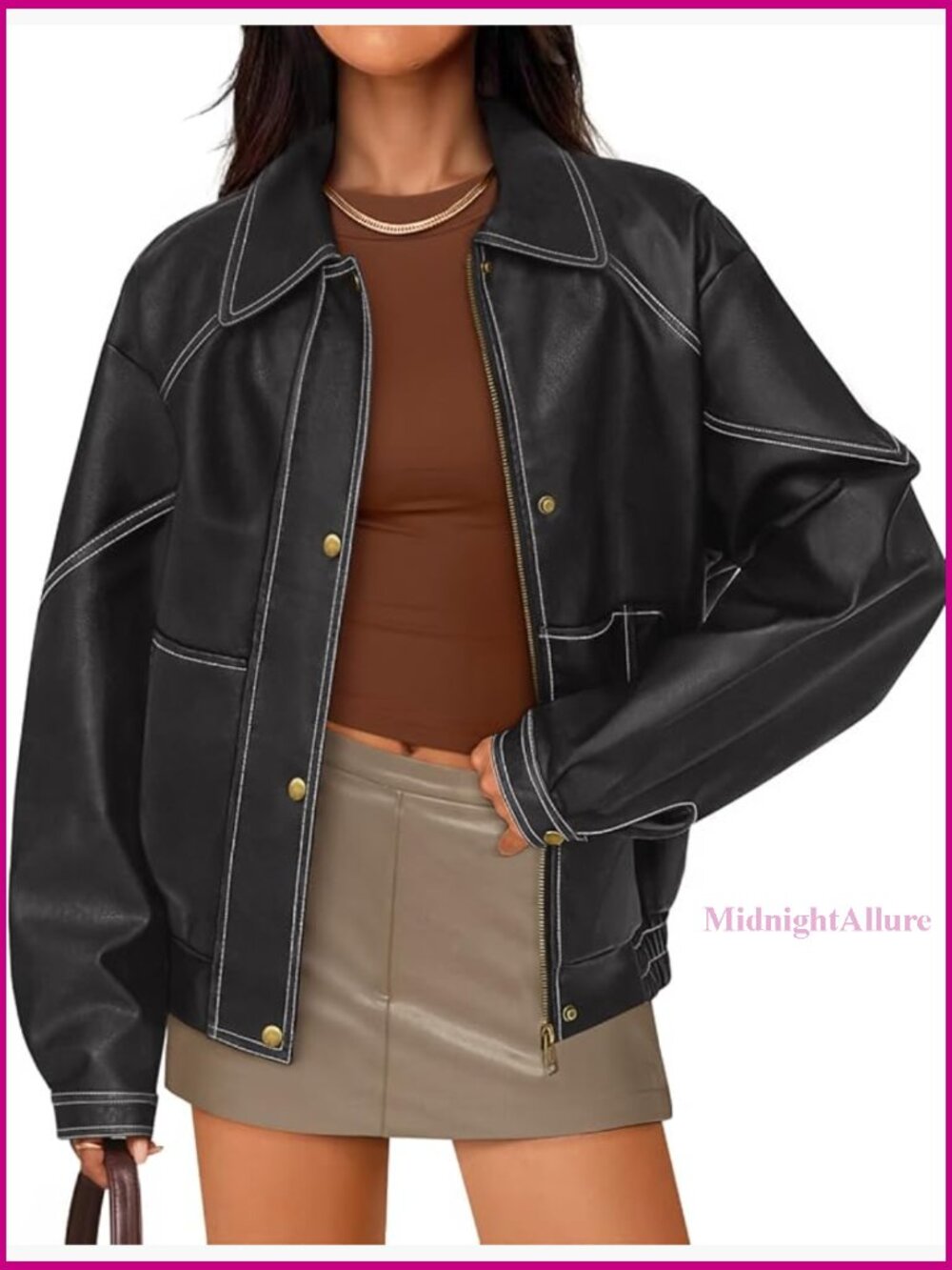 Oversized Faux Leather Jacket With Zipper, Motorcycle Style For Women